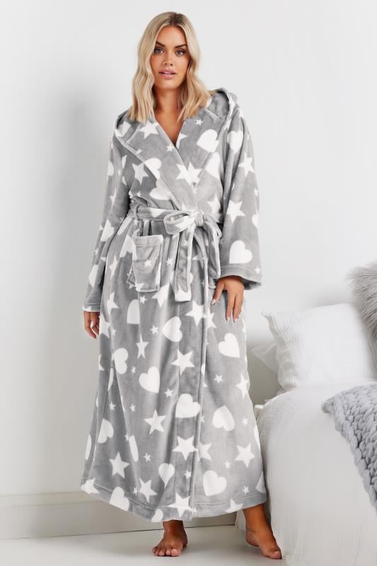 Plus Size  Yours Curve Grey Star & Heart Print Hooded Maxi Dressing Gown