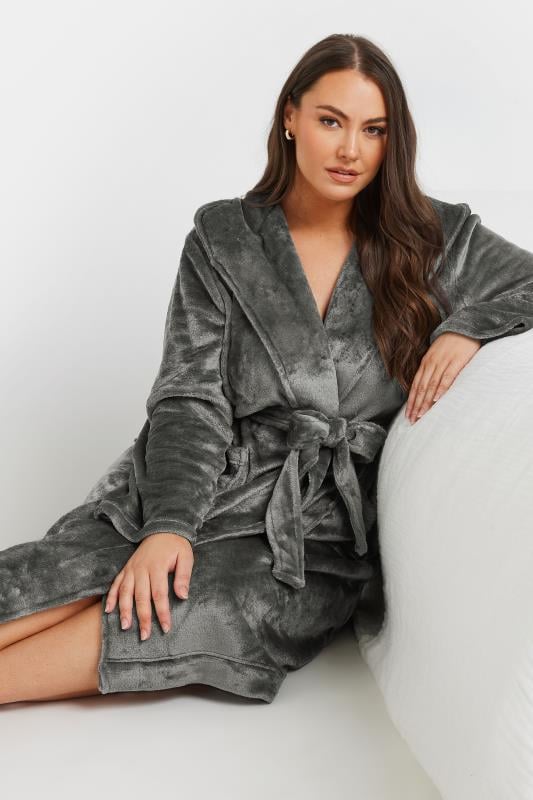 YOURS Plus Size Dark Grey Hooded Dressing Gown | Yours Clothing 2