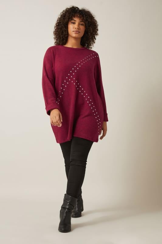 EVANS Plus Size Burgundy Red Stud Longline Jumper | Evans  2