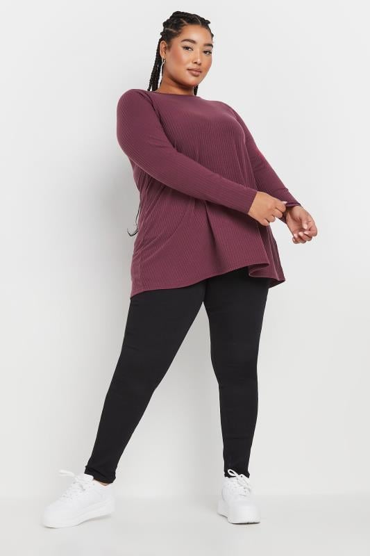 YOURS Plus Size Purple Long Sleeve Ribbed Swing Top | Yours Clothing 2