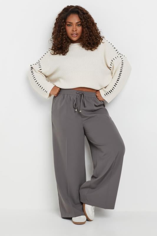 YOURS Plus Size Grey Pull On Wide Leg Trousers | Yours Clothing  2