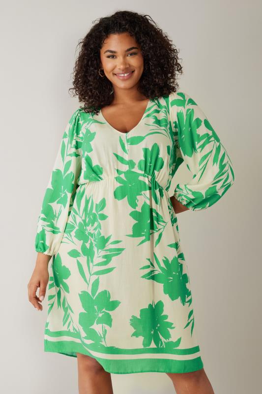 Plus Size  EVANS Curve Green & White Floral Print Mini Dress