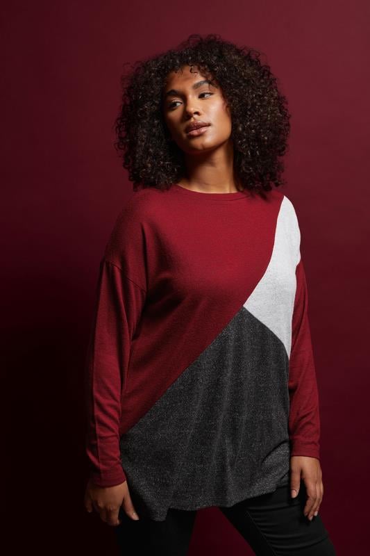 Plus Size  EVANS Curve Burgundy Red Colourblock Jumper