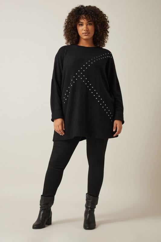 EVANS Plus Size Black Stud Longline Jumper | Evans  2