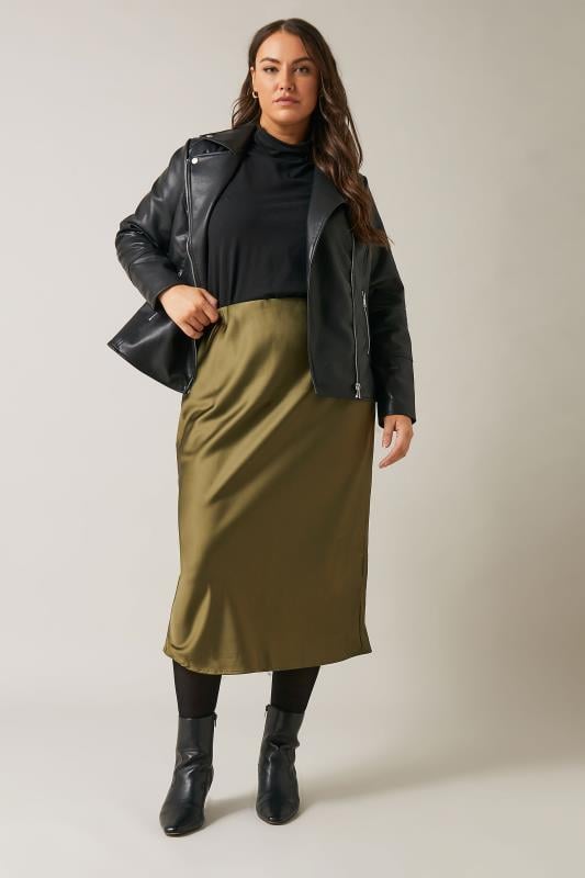 Plus Size  EVANS Curve Khaki Green Midi Satin Skirt