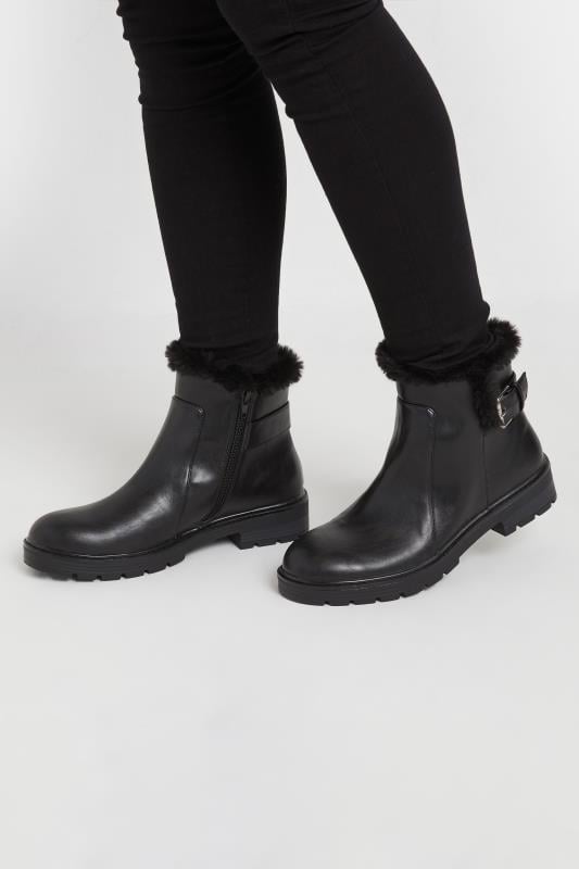 Tall  LTS Black Faux Fur Lined Biker Boots In Standard Fit