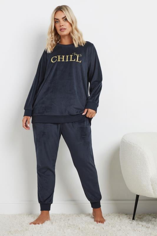 Plus Size  YOURS Curve Navy Blue 'Time To Chill' Soft Fleece Loungewear Set