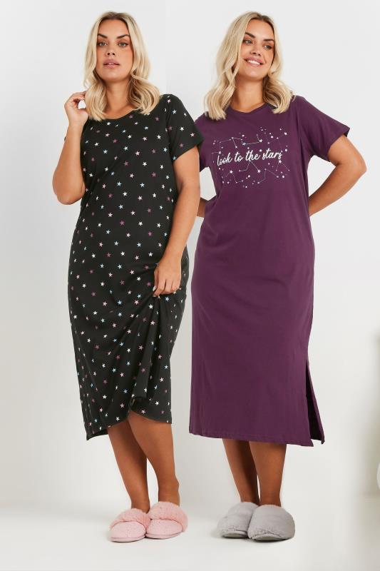 Plus Size  YOURS Curve 2 PACK Purple & Black 'Look To The Stars' Nightdresses