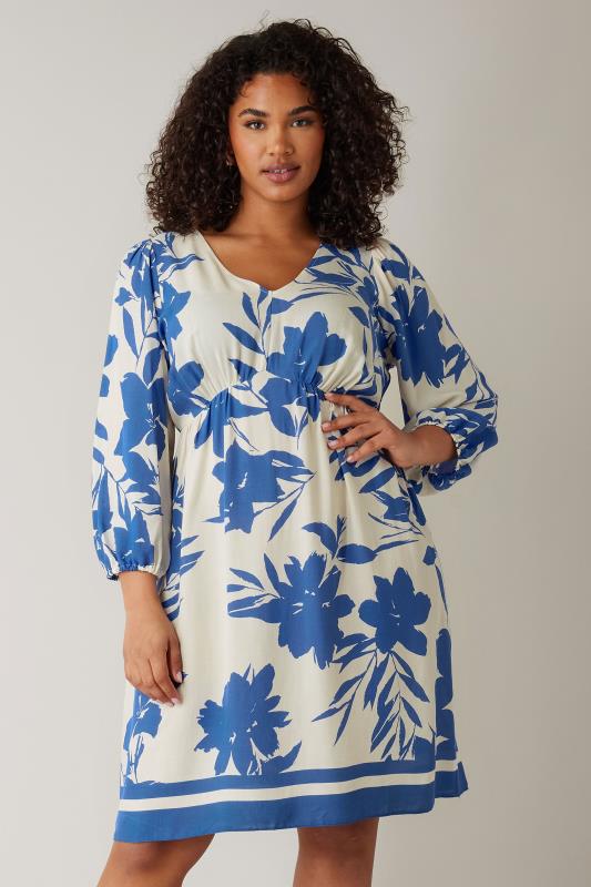 Plus Size  EVANS Curve Blue & White Floral Print Mini Dress