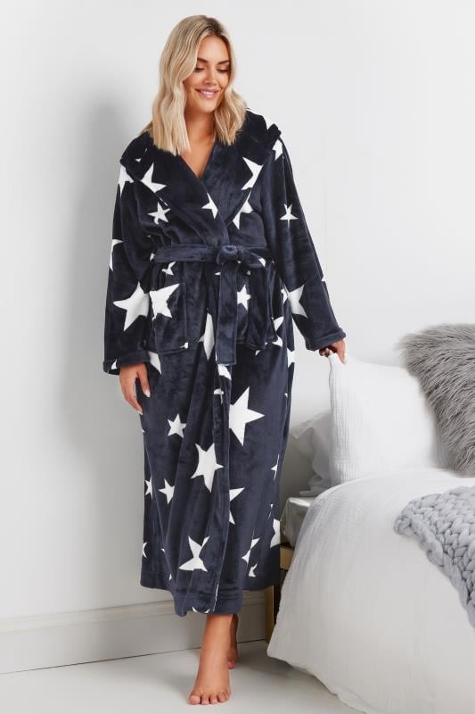 Plus Size  YOURS Curve Navy Blue Star Print Hooded Maxi Dressing Gown