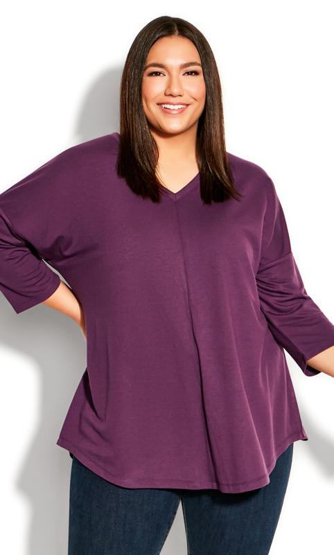 Evans Purple V-Neck Swing Long Sleeve T-Shirt 2