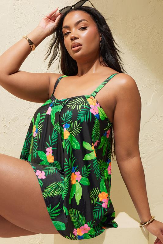 Plus Size  YOURS Curve Black Tropical Print A-Line Tankini Top