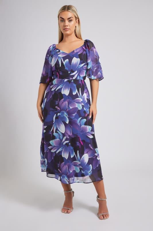 YOURS LONDON Plus Size Navy Blue Floral Print V-Neck Maxi Dress | Yours Clothing 1