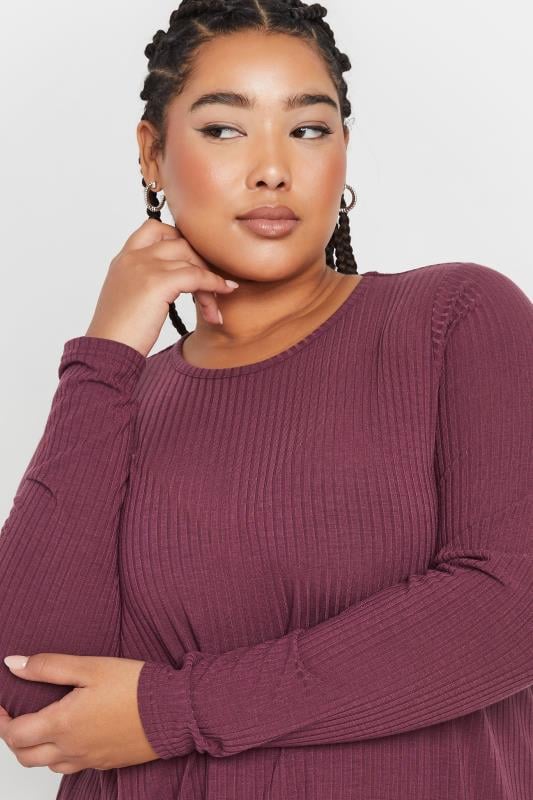 YOURS Plus Size Purple Long Sleeve Ribbed Swing Top | Yours Clothing 4