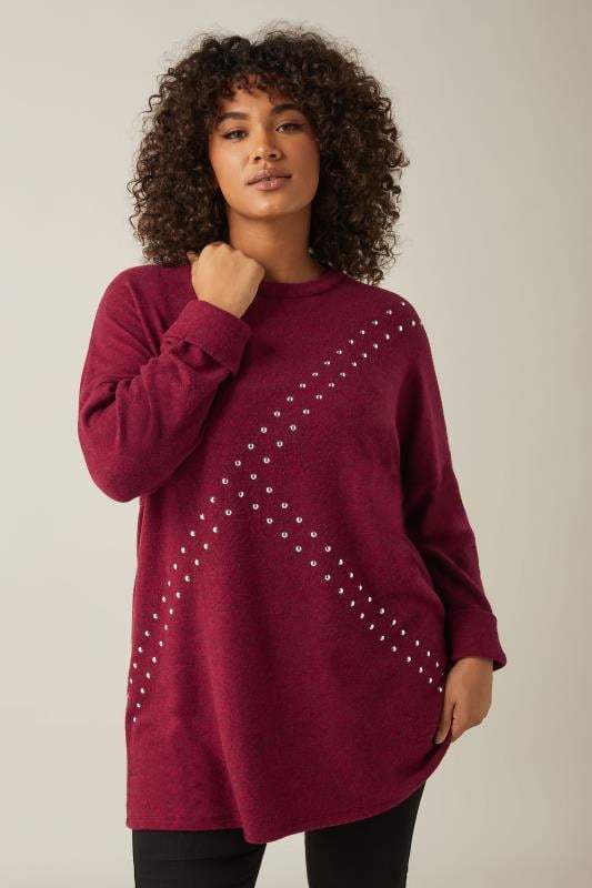 EVANS Plus Size Burgundy Red Stud Longline Jumper | Evans  1