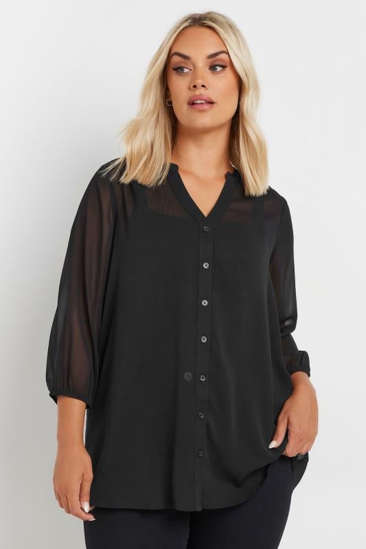 Plus Size  YOURS Curve Black Sheer Notch Neck Blouse