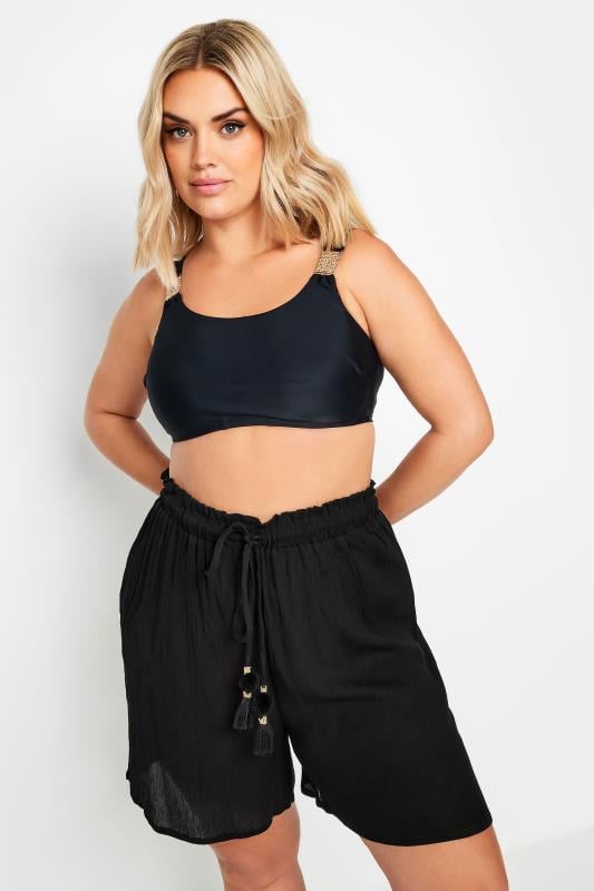 Plus Size Black Wide Leg Beach Trousers | Yours Clothing 1