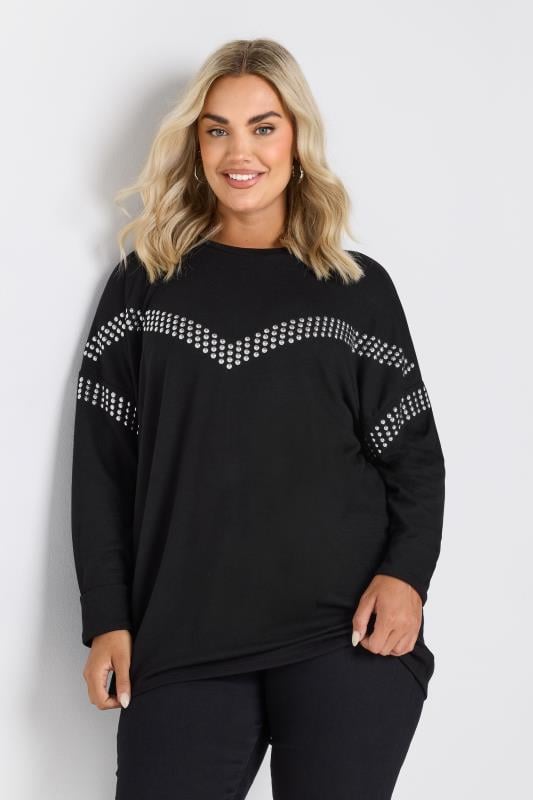 YOURS Plus Size Black Chevron Stud Embellished Jumper | Yours Clothing 1