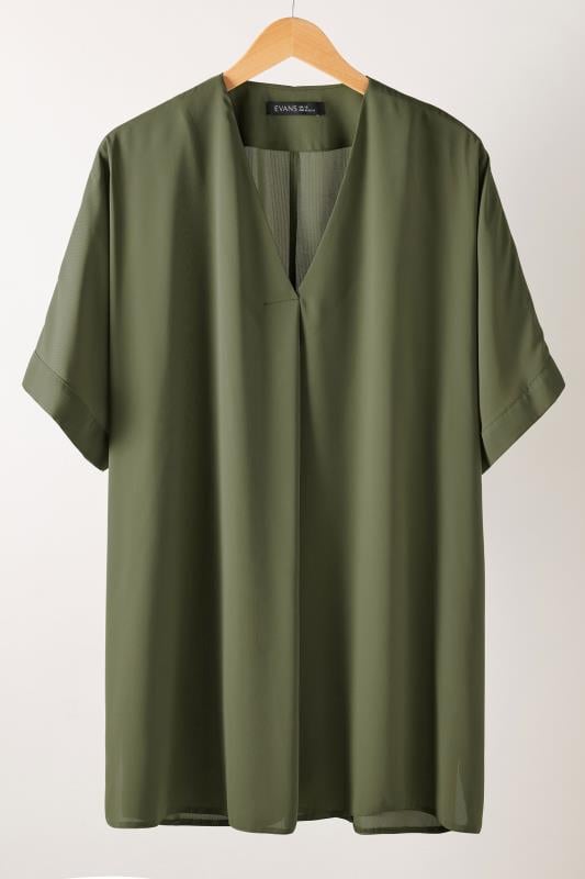 EVANS Plus Size Khaki Green Pleat Front Blouse | Evans 5