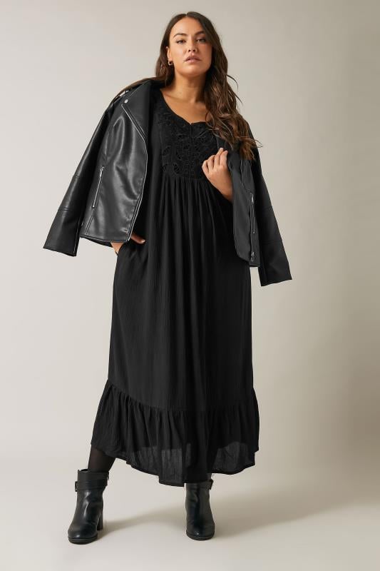 Plus Size  EVANS Curve Black Crinkle Broderie Maxi Dress