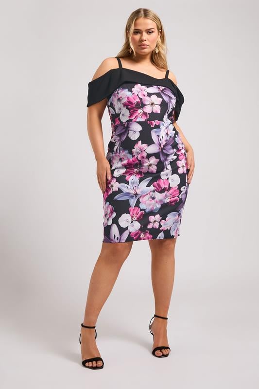 YOURS LONDON Plus Size Pink Floral Print Bardot Shift Dress | Yours Clothing 1