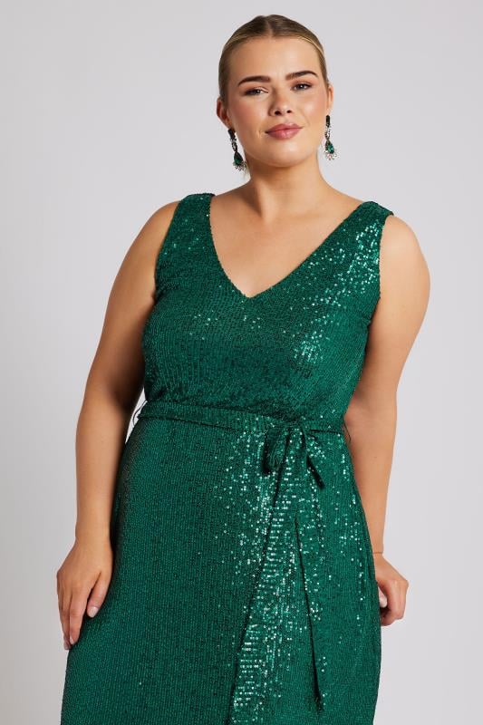 YOURS LONDON Plus Size Green Sequin V-Neck Maxi Dress | Yours Clothing 2