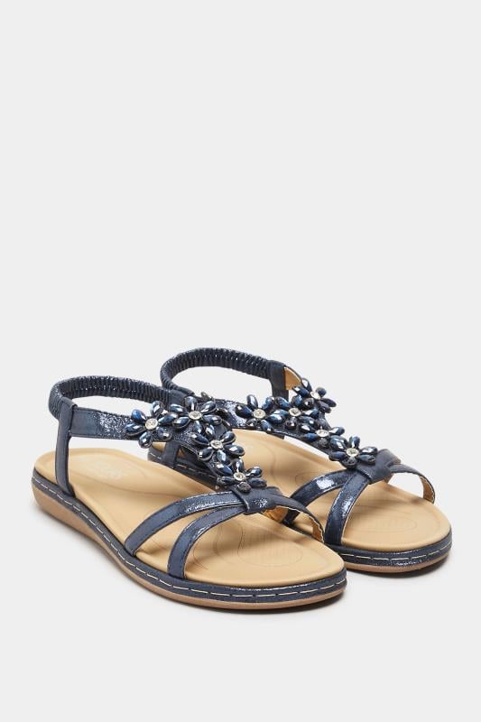 Navy Blue Glitter Floral Diamante Studded Sandals In Wide E Fit & Extra Wide EEE Fit 2