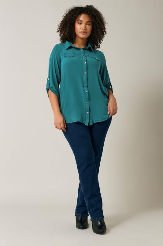 EVANS Plus Size Teal Blue Tab Sleeve Blouse | Evans  2