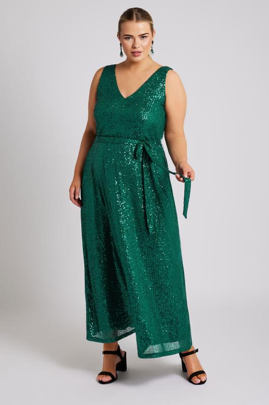 YOURS LONDON Plus Size Green Sequin V-Neck Maxi Dress | Yours Clothing 3