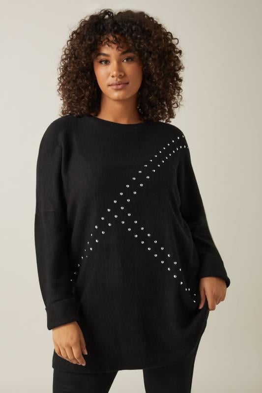 Plus Size  EVANS Curve Black Stud Longline Jumper