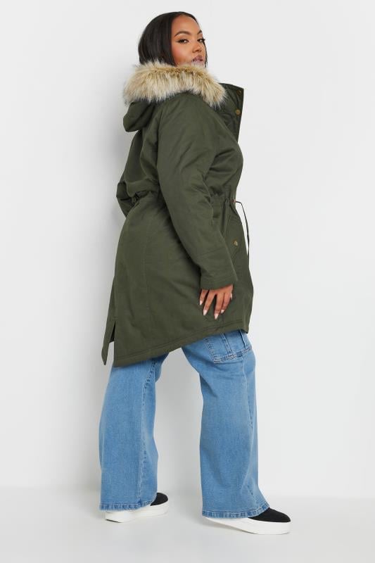 YOURS Plus Size Khaki Green Faux Fur Trim Parka Coat | Yours Clothing 3