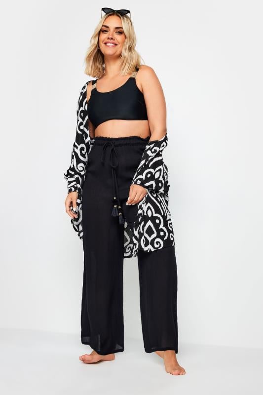 Plus Size Black Wide Leg Beach Trousers | Yours Clothing 2