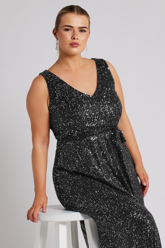 YOURS LONDON Plus Size Black Sequin V-Neck Maxi Dress | Yours Clothing 2