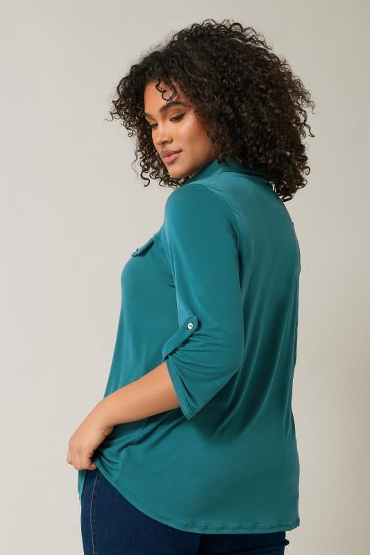 EVANS Plus Size Teal Blue Tab Sleeve Blouse | Evans  3