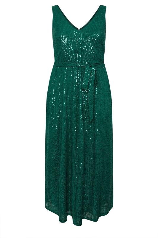 YOURS LONDON Plus Size Green Sequin V-Neck Maxi Dress | Yours Clothing 5