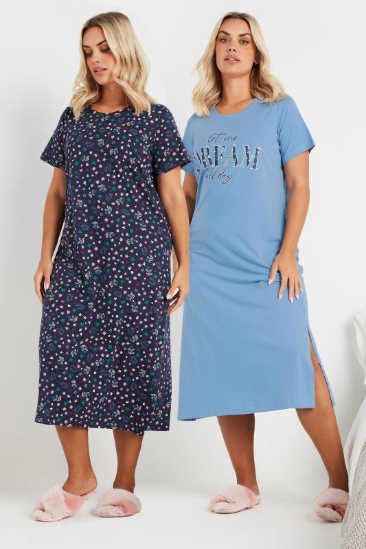 Plus Size  YOURS Curve 2 PACK Blue 'Let Me Dream All Day' Slogan Nightdresses