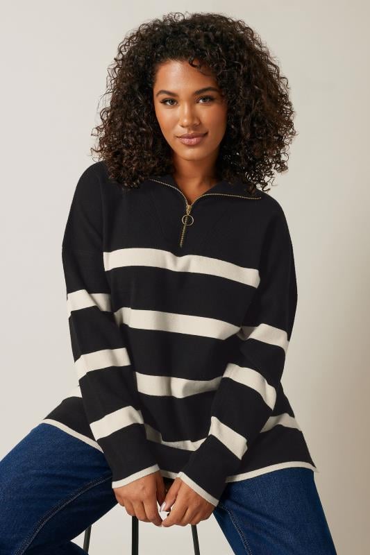 Plus Size  EVANS Curve Black & White Stripe Quarter Zip Jumper