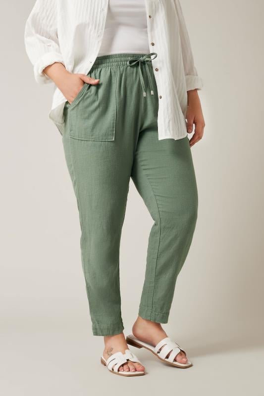 EVANS Curve Khaki Green Linen Jogger | Evans 2