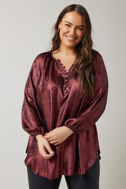 Plus Size  EVANS Curve Burgundy Red Metallic Long Sleeve Blouse