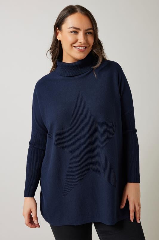 Plus Size  EVANS Curve Navy Blue Knitted Star Roll Neck Jumper