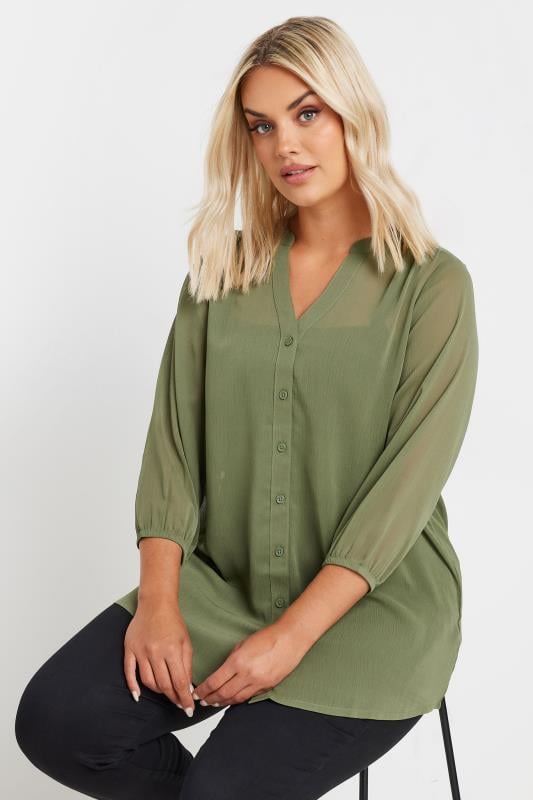 Plus Size  YOURS Curve Khaki Green Sheer Notch Neck Blouse