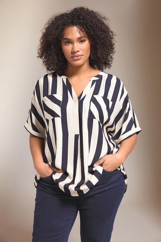 Plus Size  EVANS Curve Navy Blue Stripe Overhead Utility Shirt