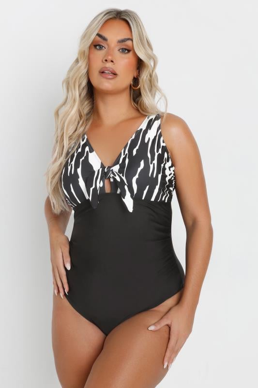 YOURS Plus Size Black Abstract Print Detail Tie Front Swimsuit | Yours Clothing 2