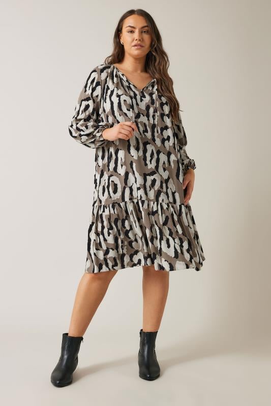 Plus Size  EVANS Curve Brown Animal Print Tiered Mini Dress