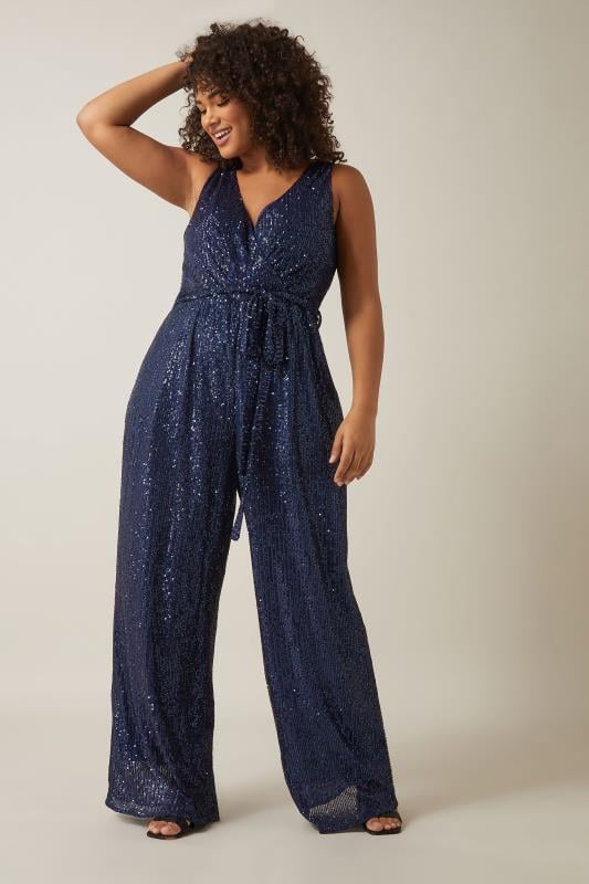 Plus Size  Evans Navy Sequin Wide Leg Jumpsuit