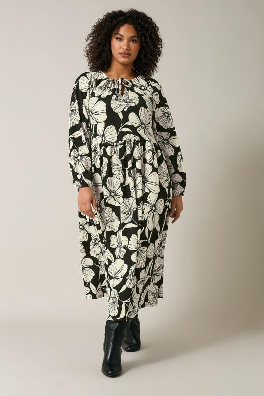 EVANS Plus Size Black Contrast Floral Print Crepe Midi Dress | Evans 3