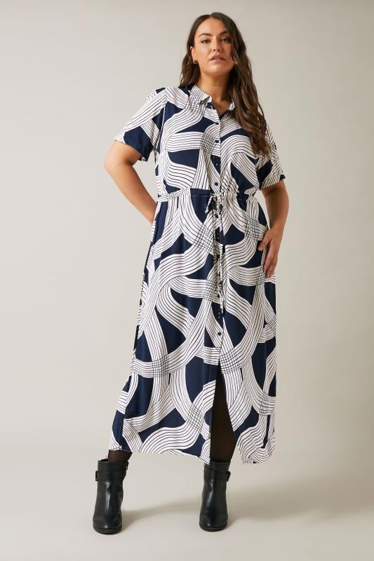 Plus Size  EVANS Curve Navy Blue Linear Print Midi Shirt Dress