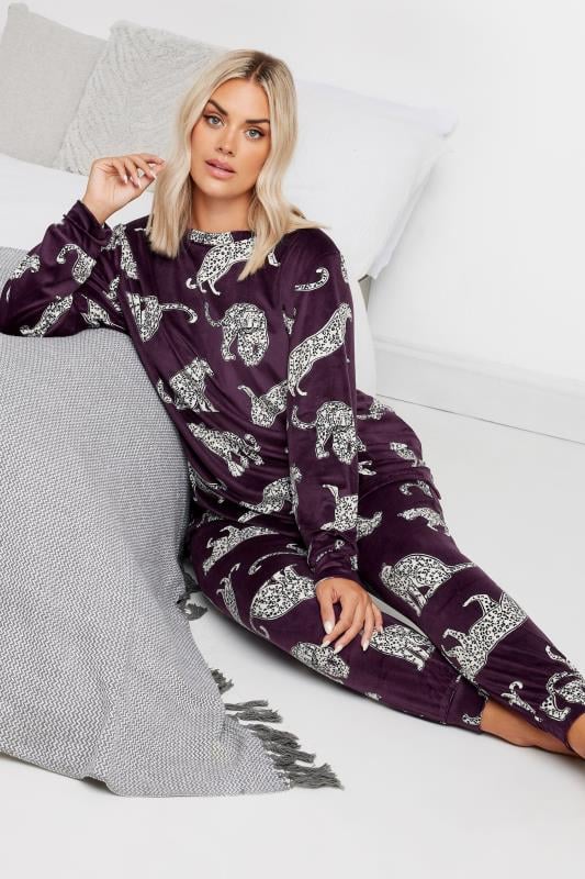 Plus Size  YOURS Curve Burgundy Red Leopard Print Fleece Pyjama Set