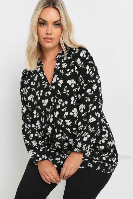 YOURS Plus Size Black Floral Print Textured Blouse | Yours Clothing  1