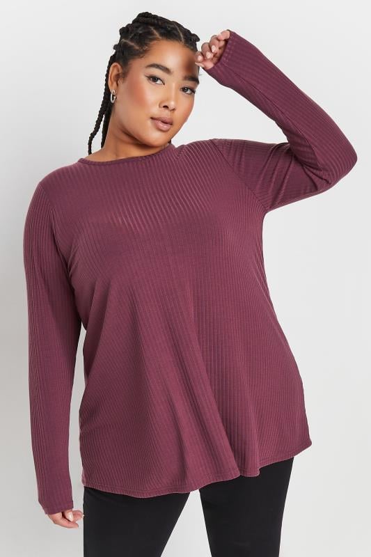 YOURS Plus Size Purple Long Sleeve Ribbed Swing Top | Yours Clothing 1